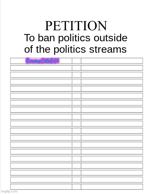 petition to ban politics | To ban politics outside of the politics streams; EmmaOMG01 | image tagged in the blank petition | made w/ Imgflip meme maker