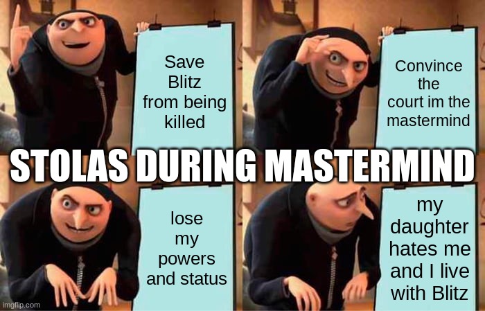 Stolas during Mastermind | Save Blitz from being killed; Convince the court im the mastermind; STOLAS DURING MASTERMIND; lose my powers and status; my daughter hates me and I live with Blitz | image tagged in memes,gru's plan | made w/ Imgflip meme maker