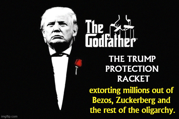 Gee, it's a nice billion-dollar company you have here. It would be a shame if anything happened to it. | THE TRUMP 
PROTECTION 
RACKET; extorting millions out of 
Bezos, Zuckerberg and 
the rest of the oligarchy. | image tagged in trump mafia crime boss godfather,trump,mafia don,mafia,extortion,tax cuts for the rich | made w/ Imgflip meme maker