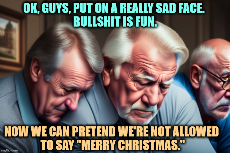 OK, GUYS, PUT ON A REALLY SAD FACE. 
BULLSHIT IS FUN. NOW WE CAN PRETEND WE'RE NOT ALLOWED 
TO SAY "MERRY CHRISTMAS." | image tagged in christmas,merry christmas,seasons,greetings,respect | made w/ Imgflip meme maker