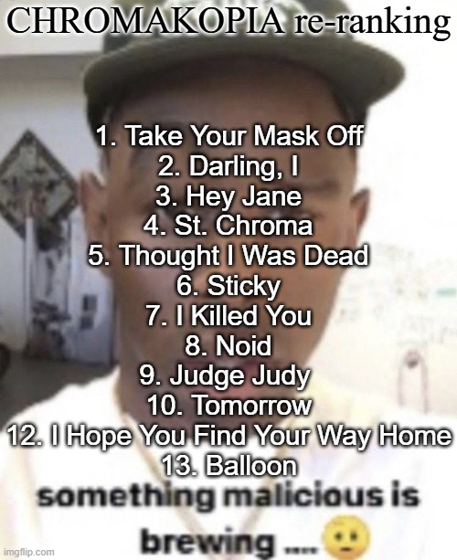 Something malicious is brewing | CHROMAKOPIA re-ranking; 1. Take Your Mask Off
2. Darling, I
3. Hey Jane
4. St. Chroma
5. Thought I Was Dead
6. Sticky
7. I Killed You
8. Noid
9. Judge Judy 
10. Tomorrow
12. I Hope You Find Your Way Home
13. Balloon | image tagged in something malicious is brewing | made w/ Imgflip meme maker