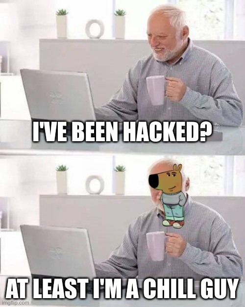 Chill Guy | I'VE BEEN HACKED? AT LEAST I'M A CHILL GUY | image tagged in memes,hide the pain harold | made w/ Imgflip meme maker