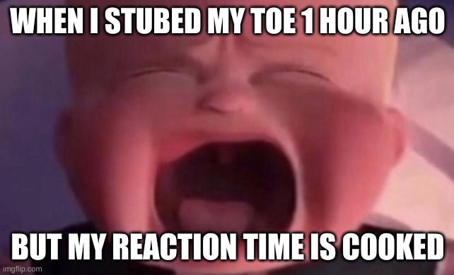 hurb | WHEN I STUBED MY TOE 1 HOUR AGO; BUT MY REACTION TIME IS COOKED | image tagged in boss baby crying | made w/ Imgflip meme maker