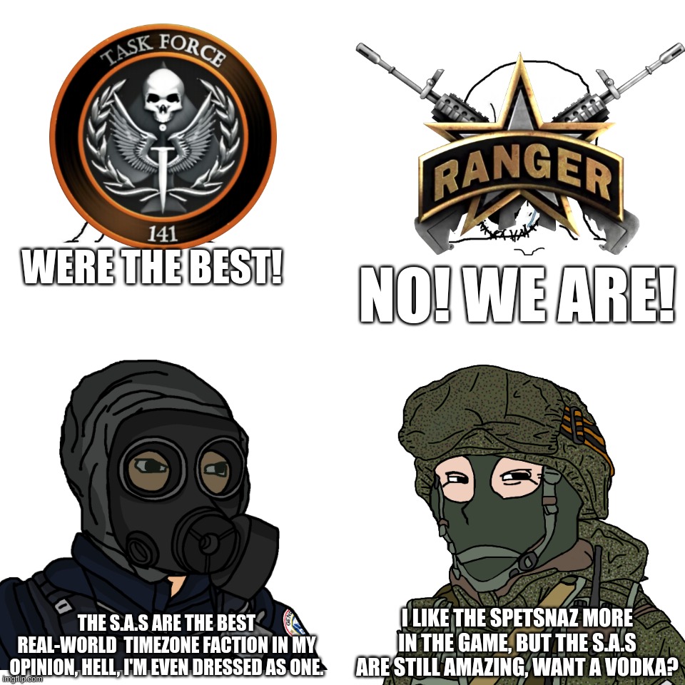 Fans when it comes to Cod factions VS TimeZone factions, I hope the TZ fans are like this. | WERE THE BEST! NO! WE ARE! I LIKE THE SPETSNAZ MORE IN THE GAME, BUT THE S.A.S ARE STILL AMAZING, WANT A VODKA? THE S.A.S ARE THE BEST REAL-WORLD  TIMEZONE FACTION IN MY OPINION, HELL, I'M EVEN DRESSED AS ONE. | image tagged in timezone,call of duty,game,memes,sas,spetsnaz | made w/ Imgflip meme maker