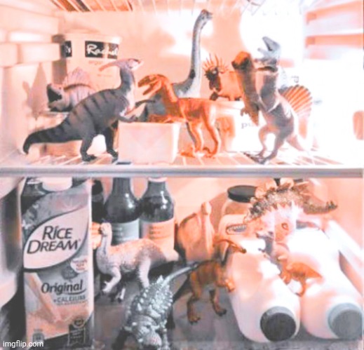 DINO BATTLE!!! GRRR!!! RAWR!!! | image tagged in dinosaur,dinosaurs,dino,toys,food,fridge | made w/ Imgflip meme maker