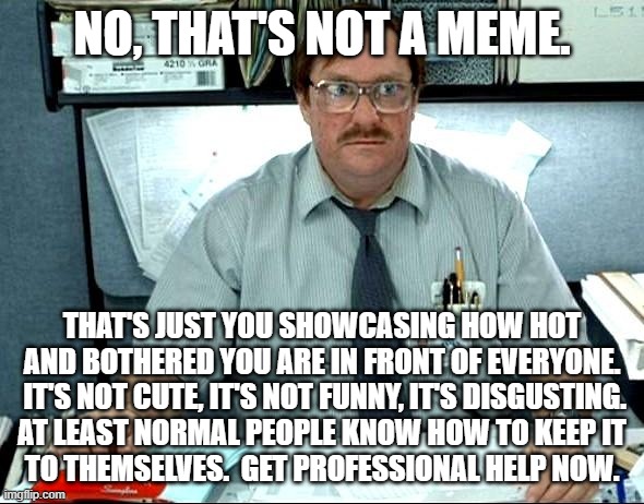 I Was Told There Would Be | NO, THAT'S NOT A MEME. THAT'S JUST YOU SHOWCASING HOW HOT AND BOTHERED YOU ARE IN FRONT OF EVERYONE.  IT'S NOT CUTE, IT'S NOT FUNNY, IT'S DISGUSTING.
AT LEAST NORMAL PEOPLE KNOW HOW TO KEEP IT
TO THEMSELVES.  GET PROFESSIONAL HELP NOW. | image tagged in memes,i was told there would be | made w/ Imgflip meme maker