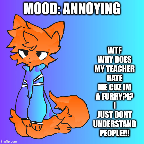 WTF (That0nenote: Furphobe) | WTF WHY DOES MY TEACHER HATE ME CUZ IM A FURRY?!? I JUST DONT UNDERSTAND PEOPLE!!! MOOD: ANNOYING | image tagged in why | made w/ Imgflip meme maker