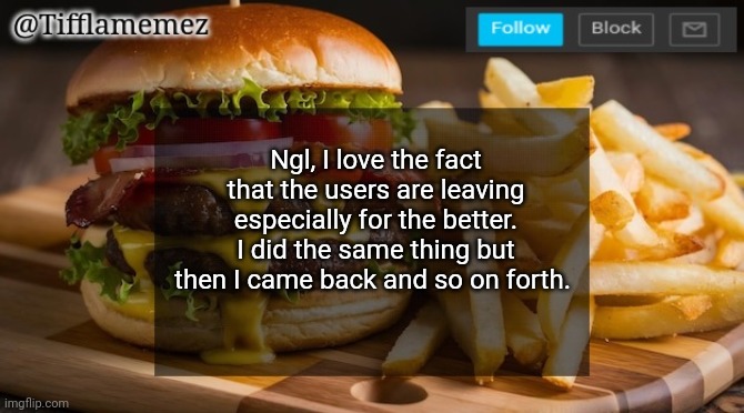 Quite satisfying hahahahahahaha | Ngl, I love the fact that the users are leaving especially for the better. I did the same thing but then I came back and so on forth. | image tagged in tifflamemez burger and fries announcement template | made w/ Imgflip meme maker