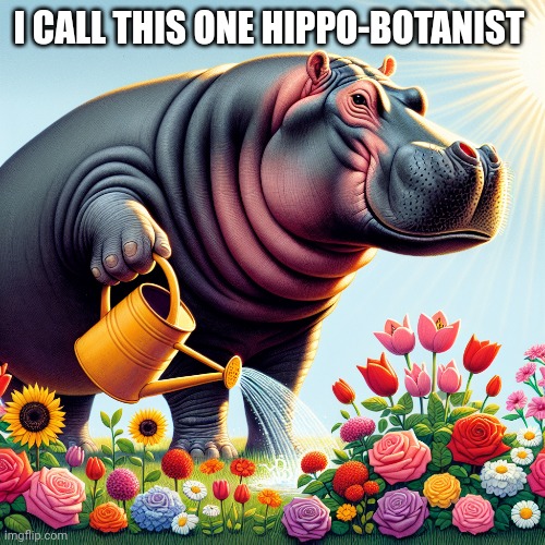 Imagine this Lil guy watering your plants | I CALL THIS ONE HIPPO-BOTANIST | image tagged in hippo,hippopotamus,plants,water,flowers,ai generated | made w/ Imgflip meme maker