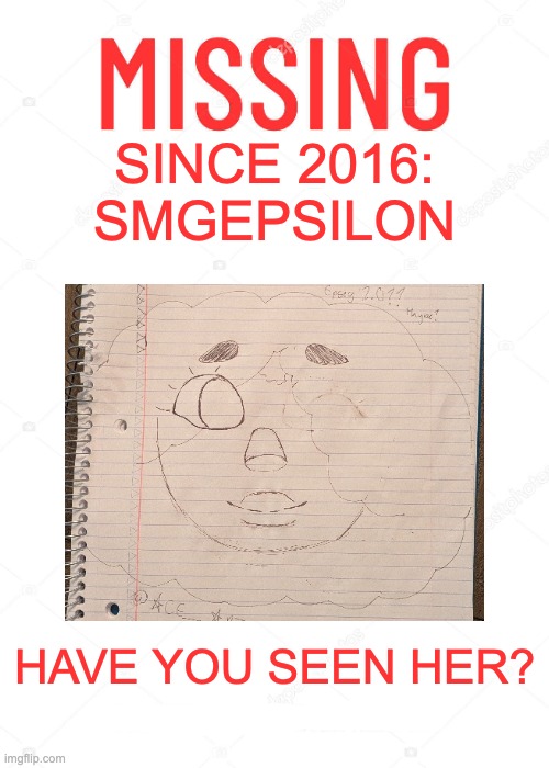 anybody? | SINCE 2016:
SMGEPSILON; HAVE YOU SEEN HER? | image tagged in missing poster,memes,smg4,fanlore,smgepsilon,help | made w/ Imgflip meme maker