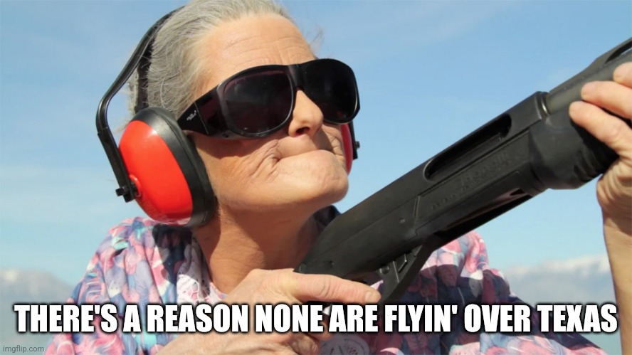 Shotgun Granny | THERE'S A REASON NONE ARE FLYIN' OVER TEXAS | image tagged in shotgun granny | made w/ Imgflip meme maker