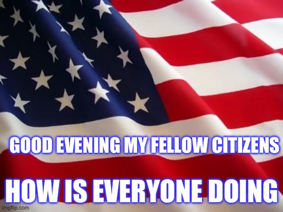 Good evening my fellow citizens | GOOD EVENING MY FELLOW CITIZENS; HOW IS EVERYONE DOING | image tagged in american flag | made w/ Imgflip meme maker