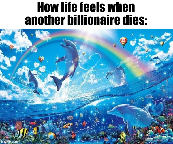 Happy dolphin rainbow | How life feels when another billionaire dies: | image tagged in happy dolphin rainbow | made w/ Imgflip meme maker