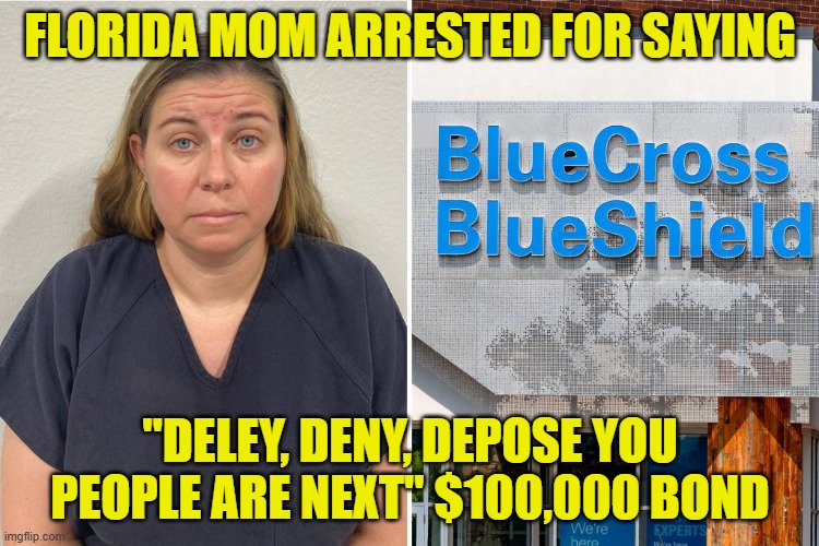 Arrested for speaking on a current event on a phone call to a insurance company | FLORIDA MOM ARRESTED FOR SAYING; "DELEY, DENY, DEPOSE YOU PEOPLE ARE NEXT" $100,000 BOND | image tagged in health insurance,threats,florida,arrested,freedom of speech,first amendment | made w/ Imgflip meme maker