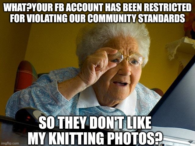 Grandma Finds The Internet | WHAT?YOUR FB ACCOUNT HAS BEEN RESTRICTED FOR VIOLATING OUR COMMUNITY STANDARDS; SO THEY DON'T LIKE MY KNITTING PHOTOS? | image tagged in memes,grandma finds the internet | made w/ Imgflip meme maker