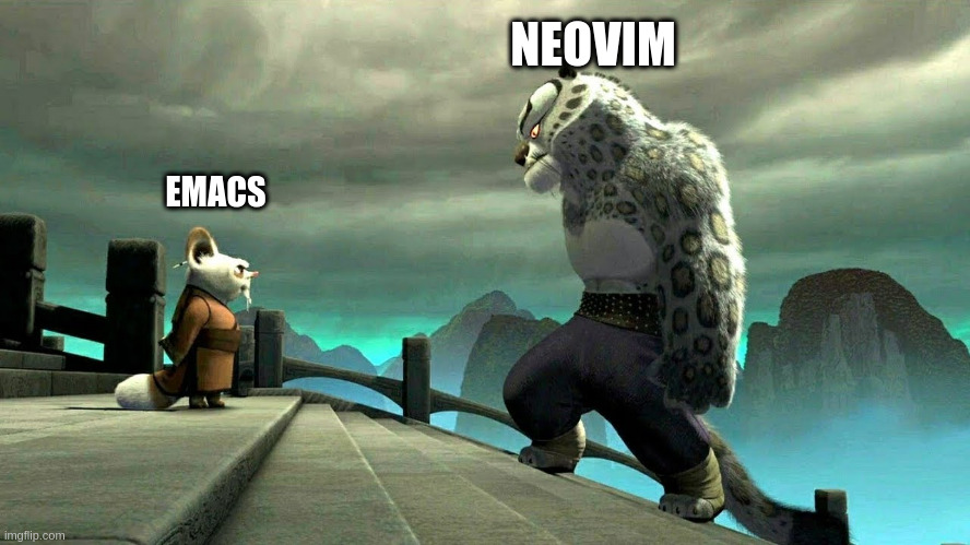 Emacs Users vs NeoVim users | NEOVIM; EMACS | image tagged in tai lung vs shifu | made w/ Imgflip meme maker