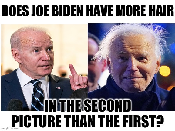 Blank White Template | DOES JOE BIDEN HAVE MORE HAIR; IN THE SECOND PICTURE THAN THE FIRST? | image tagged in memes,joe biden,more,hair,second,picture | made w/ Imgflip meme maker