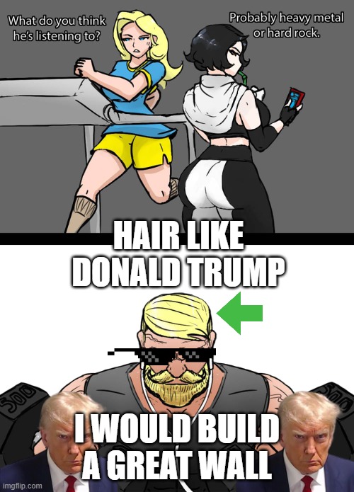 The Great Trump Wall by Steampianist | HAIR LIKE DONALD TRUMP; I WOULD BUILD A GREAT WALL | image tagged in what do you think he's listening to | made w/ Imgflip meme maker