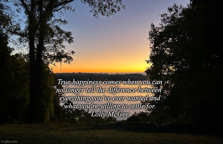 True happiness | True happiness comes when you can
no longer tell the difference between 
everything you’ve ever wanted and
what you’re willing to settle for.
Lolly McGee | image tagged in truth,thoughtful,happiness,contentment,sayings,true happiness | made w/ Imgflip meme maker