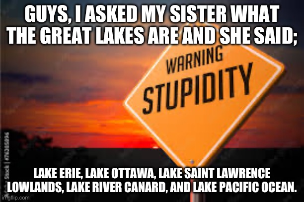 O_o | GUYS, I ASKED MY SISTER WHAT THE GREAT LAKES ARE AND SHE SAID;; LAKE ERIE, LAKE OTTAWA, LAKE SAINT LAWRENCE LOWLANDS, LAKE RIVER CANARD, AND LAKE PACIFIC OCEAN. | image tagged in huh | made w/ Imgflip meme maker