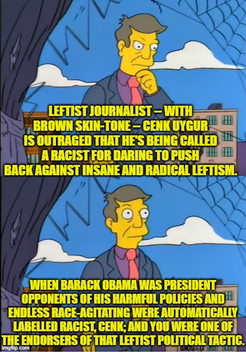 Don't worry, Cenk; after a few years of being called a racist, you no longer pay attention to it. | LEFTIST JOURNALIST -- WITH BROWN SKIN-TONE -- CENK UYGUR IS OUTRAGED THAT HE'S BEING CALLED A RACIST FOR DARING TO PUSH BACK AGAINST INSANE AND RADICAL LEFTISM. WHEN BARACK OBAMA WAS PRESIDENT OPPONENTS OF HIS HARMFUL POLICIES AND ENDLESS RACE-AGITATING WERE AUTOMATICALLY LABELLED RACIST, CENK; AND YOU WERE ONE OF THE ENDORSERS OF THAT LEFTIST POLITICAL TACTIC. | image tagged in skinner out of touch | made w/ Imgflip meme maker