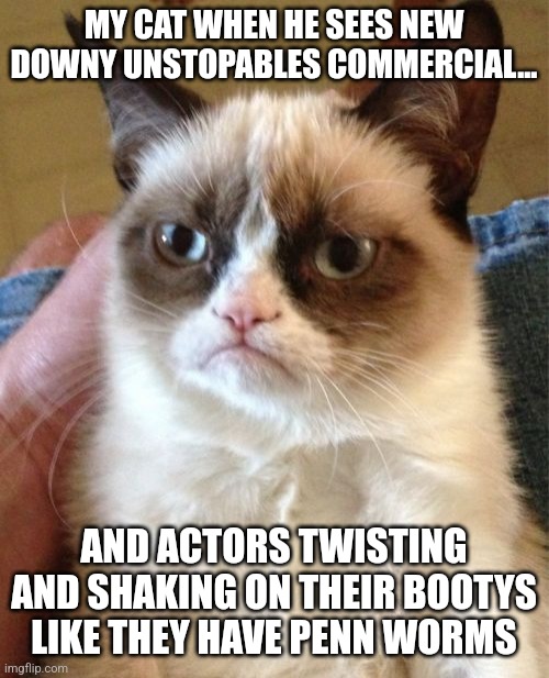 Grumpy Cat Meme | MY CAT WHEN HE SEES NEW DOWNY UNSTOPABLES COMMERCIAL... AND ACTORS TWISTING AND SHAKING ON THEIR BOOTYS LIKE THEY HAVE PENN WORMS | image tagged in memes,grumpy cat,unstoppable,worms | made w/ Imgflip meme maker