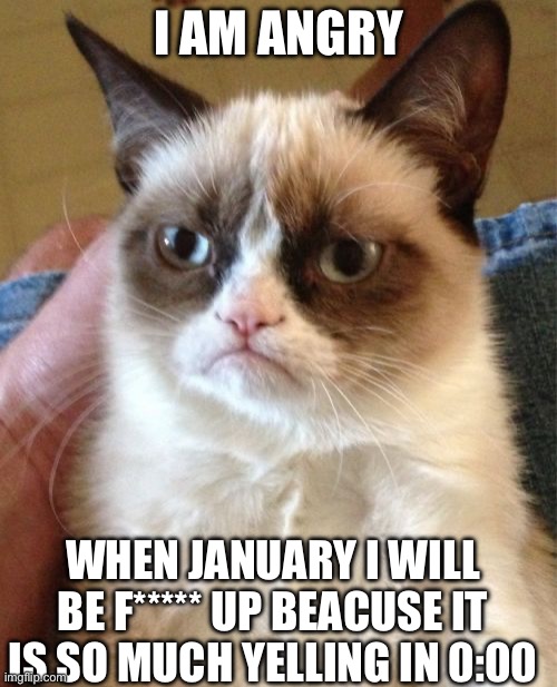 long time no se | I AM ANGRY; WHEN JANUARY I WILL BE F***** UP BEACUSE IT IS SO MUCH YELLING IN 0:00 | image tagged in memes,grumpy cat | made w/ Imgflip meme maker