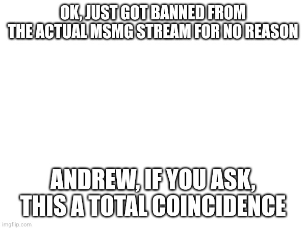 OK, JUST GOT BANNED FROM THE ACTUAL MSMG STREAM FOR NO REASON; ANDREW, IF YOU ASK, THIS A TOTAL COINCIDENCE | made w/ Imgflip meme maker