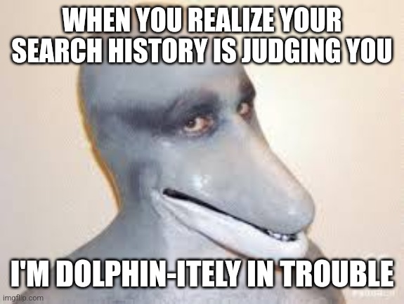 Dolphin Guy | WHEN YOU REALIZE YOUR SEARCH HISTORY IS JUDGING YOU; I'M DOLPHIN-ITELY IN TROUBLE | image tagged in dolphin guy | made w/ Imgflip meme maker