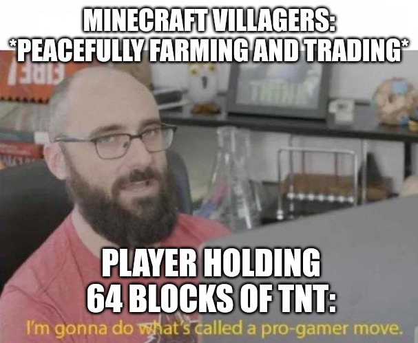 64 TNT | MINECRAFT VILLAGERS: *PEACEFULLY FARMING AND TRADING*; PLAYER HOLDING 64 BLOCKS OF TNT: | image tagged in pro gamer move,funny,funny memes,fun,minecraft,gaming | made w/ Imgflip meme maker