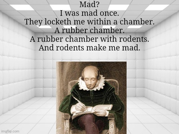 Padded Cell | Mad?
I was mad once.
They locketh me within a chamber.
A rubber chamber.
A rubber chamber with rodents.
And rodents make me mad. | image tagged in padded cell | made w/ Imgflip meme maker