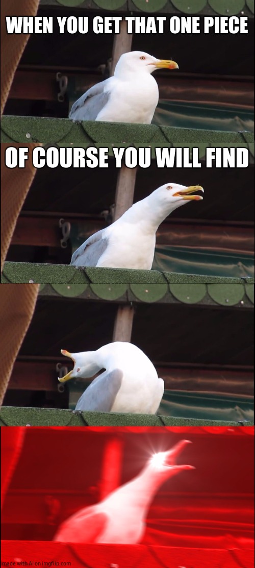 Inhaling Seagull Meme | WHEN YOU GET THAT ONE PIECE; OF COURSE YOU WILL FIND | image tagged in memes,inhaling seagull | made w/ Imgflip meme maker