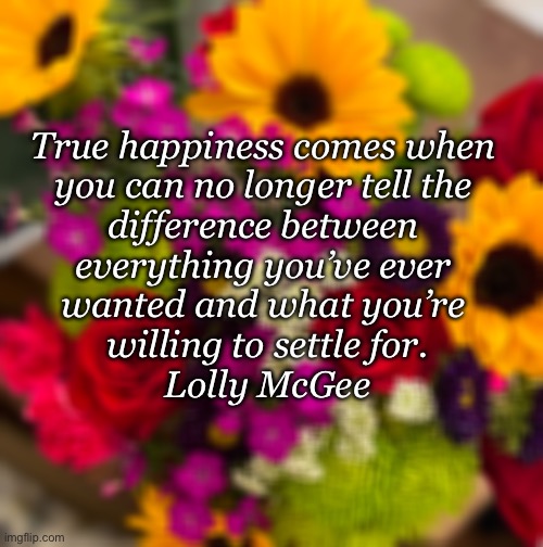 Happiness | True happiness comes when 
you can no longer tell the 
difference between 
everything you’ve ever 
wanted and what you’re 
willing to settle for.
Lolly McGee | image tagged in happiness,true happiness,truth,comfort | made w/ Imgflip meme maker