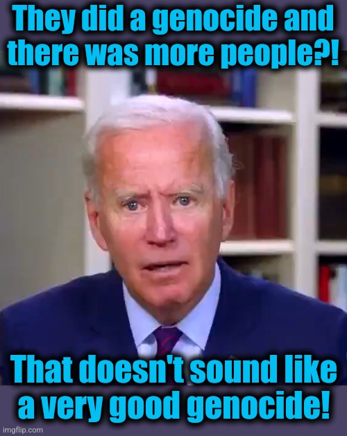 Slow Joe Biden Dementia Face | They did a genocide and
there was more people?! That doesn't sound like
a very good genocide! | image tagged in slow joe biden dementia face | made w/ Imgflip meme maker