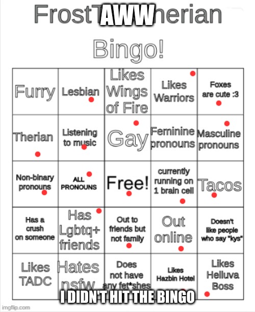 Frost the Therians bingo | AWW; I DIDN'T HIT THE BINGO | image tagged in frost the therians bingo | made w/ Imgflip meme maker