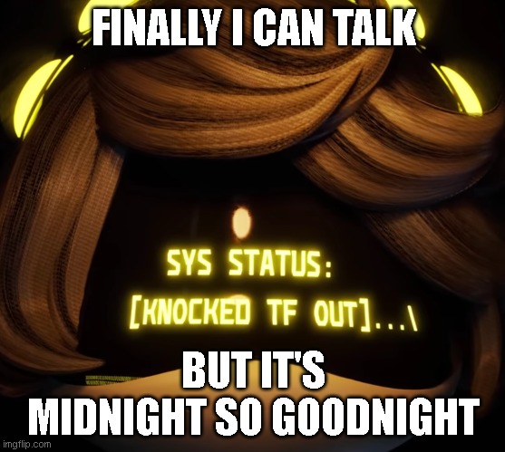 Gn chat | FINALLY I CAN TALK; BUT IT'S MIDNIGHT SO GOODNIGHT | image tagged in gn chat | made w/ Imgflip meme maker