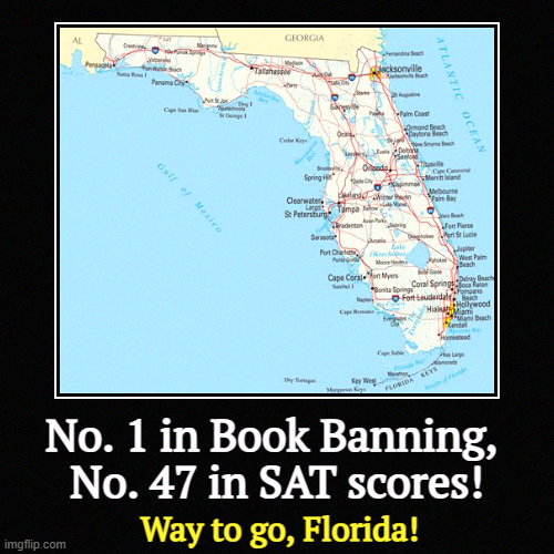 Coincidence? Don't kid yourself. | No. 1 in Book Banning, 
No. 47 in SAT scores! | Way to go, Florida! | image tagged in funny,demotivationals,florida,education,ignorance,books | made w/ Imgflip demotivational maker