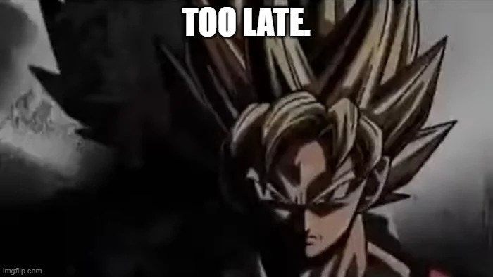 Goku Staring | TOO LATE. | image tagged in goku staring | made w/ Imgflip meme maker