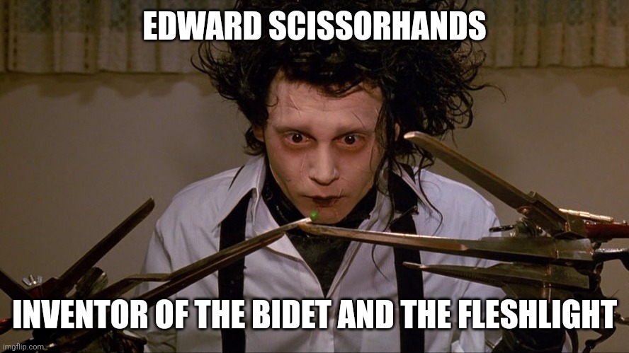 Edward Scissorhands | EDWARD SCISSORHANDS; INVENTOR OF THE BIDET AND THE FLESHLIGHT | image tagged in edward scissorhands | made w/ Imgflip meme maker