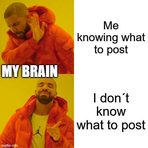 Drake Hotline Bling | Me knowing what to post; MY BRAIN; I don´t know what to post | image tagged in memes,drake hotline bling | made w/ Imgflip meme maker