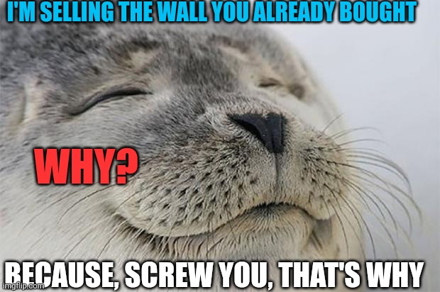 Chuck Schumer and The Mad Donors | I'M SELLING THE WALL YOU ALREADY BOUGHT; WHY? BECAUSE, SCREW YOU, THAT'S WHY | image tagged in memes,satisfied seal,because i can,47shrugs | made w/ Imgflip meme maker