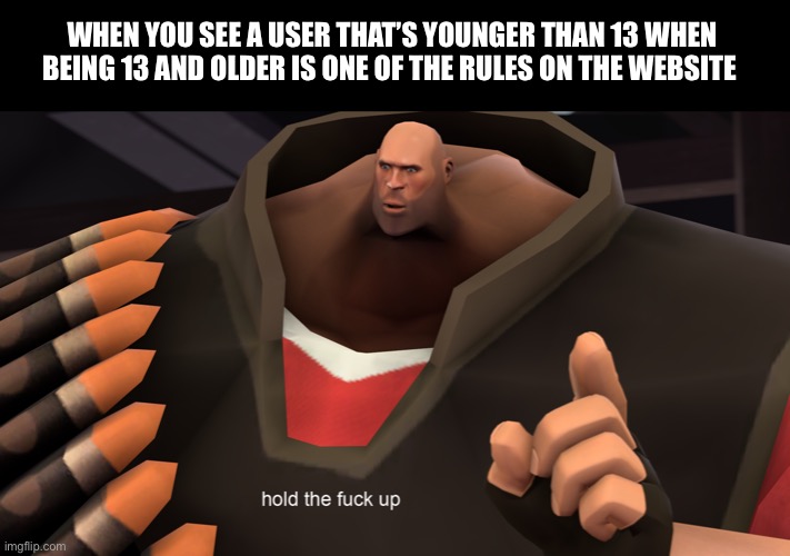 Heavy Hold up | WHEN YOU SEE A USER THAT’S YOUNGER THAN 13 WHEN BEING 13 AND OLDER IS ONE OF THE RULES ON THE WEBSITE | image tagged in heavy hold up | made w/ Imgflip meme maker