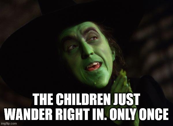 Wicked Witch West | THE CHILDREN JUST WANDER RIGHT IN. ONLY ONCE | image tagged in wicked witch west | made w/ Imgflip meme maker