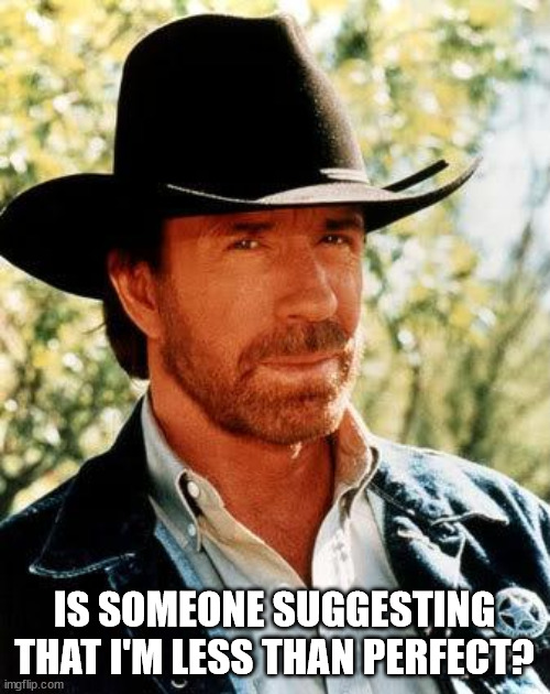 Chuck Norris Meme | IS SOMEONE SUGGESTING THAT I'M LESS THAN PERFECT? | image tagged in memes,chuck norris | made w/ Imgflip meme maker