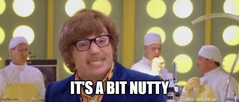 Austin Powers It's a bit nutty | IT'S A BIT NUTTY | image tagged in austin powers it's a bit nutty | made w/ Imgflip meme maker