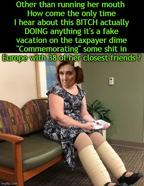 Loved the time Trump pulled the plug on one of her "Junkets" | Other than running her mouth 
How come the only time I hear about this BITCH actually DOING anything it's a fake vacation on the taxpayer dime "Commemorating" some shit in Europe with 38 of her closest friends ? | image tagged in nancy pelosi broken leg meme | made w/ Imgflip meme maker