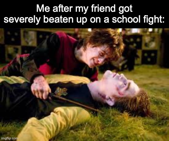 Me after my friend got beaten up | Me after my friend got severely beaten up on a school fight: | image tagged in death of cedric diggory,fight,injury,harry potter | made w/ Imgflip meme maker