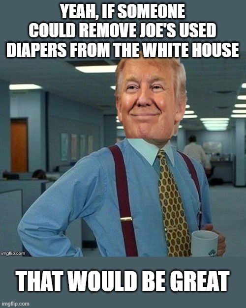 Sleepy Joe stinking up the White House | YEAH, IF SOMEONE COULD REMOVE JOE'S USED DIAPERS FROM THE WHITE HOUSE; THAT WOULD BE GREAT | image tagged in lumburg,trump,sleepy joe,creepy joe biden,dirty diaper | made w/ Imgflip meme maker