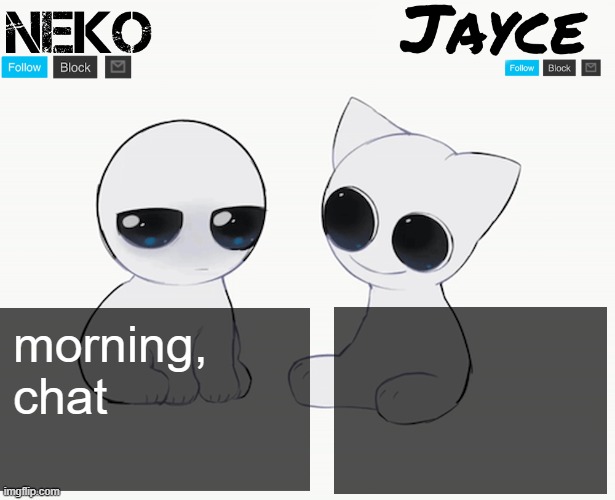 Neko and Jayce shared temp | morning, chat | image tagged in neko and jayce shared temp | made w/ Imgflip meme maker