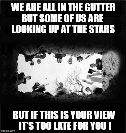 An Oscar Wilde Quote | WE ARE ALL IN THE GUTTER
BUT SOME OF US ARE 
LOOKING UP AT THE STARS; BUT IF THIS IS YOUR VIEW
 IT'S TOO LATE FOR YOU ! | image tagged in oscar wilde,quotes,gutter,stars,grave,dark humour | made w/ Imgflip meme maker